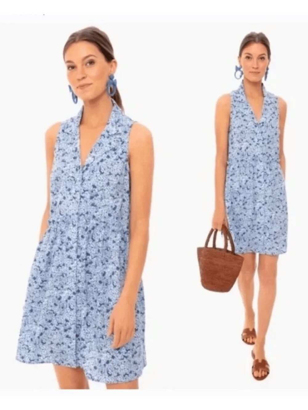 Tuckernuck Sleeveless Royal Shirt Dress Womens XXS Blue Hydrangea Floral